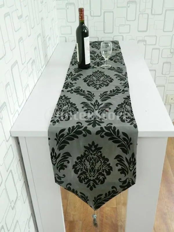 Dark Gray Table Runner Cloth Wedding Decor Flocked Damasks 78 x13 inch