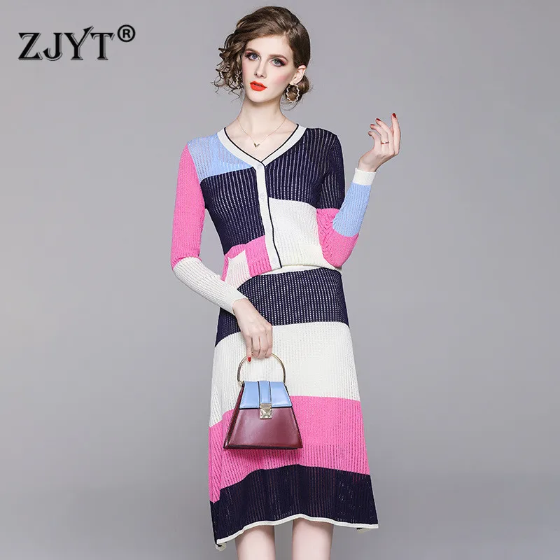 

2019 New Fashion Autumn Designer Sweater Suit 2Piece Set Women Designer Color Block Knit Cardigan Top and Skirt Lady Outfits