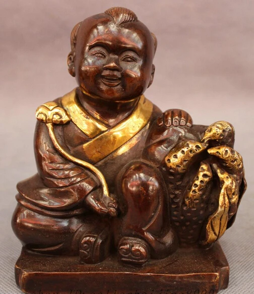 

JP S0606 Folk Chinese Bronze Gilt Chayote Happy Kid Child Hold RuYi Statue Sculpture