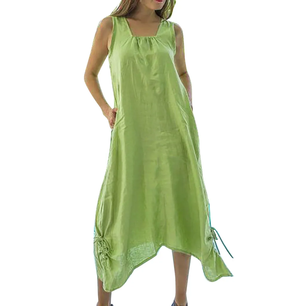 

2019 Summer Sexy Women Plus Size Pure Sleeveless Bandage Cotton linen Sandy Beach Dress Boho Party robe femme vestidos de festa