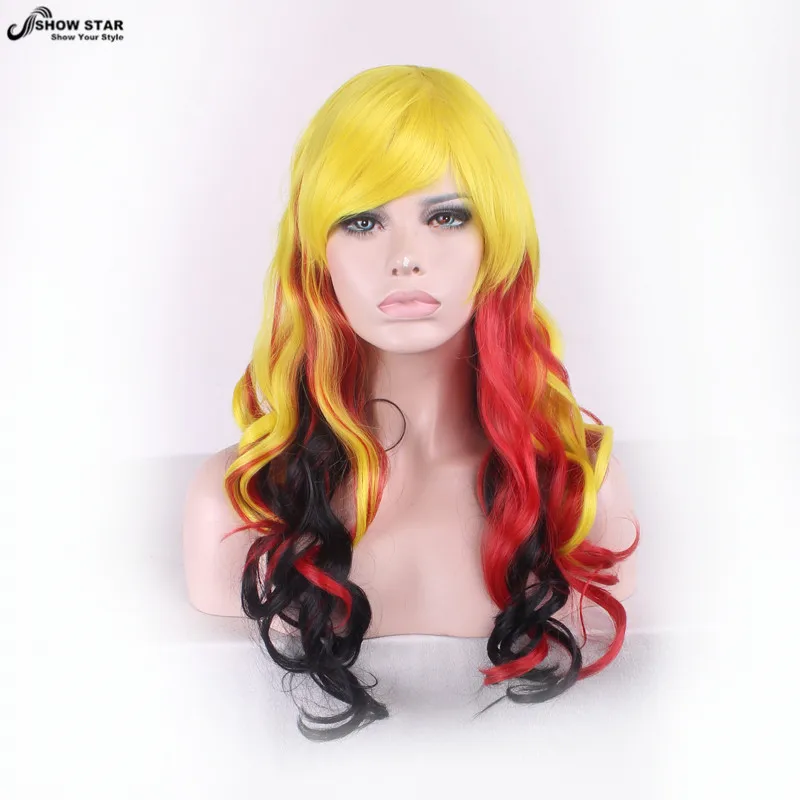

Cheap Yellow Red Black Ombre Wig Tilted Frisette Wig Cosplay Long Wavy Curly Wig Perruque Synthetic Women Halloween Wig Peruca
