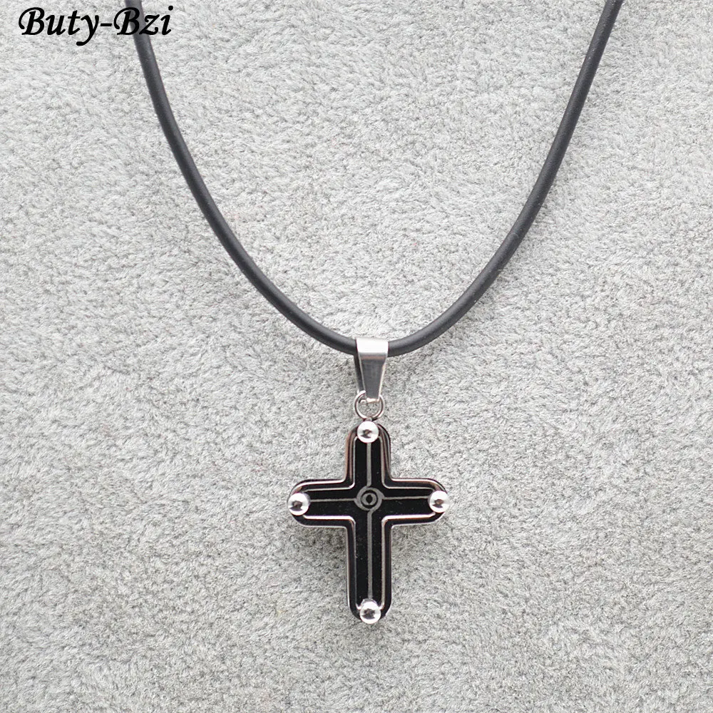 Black Stainless Steel Metal Cross Pendant Black Leather Cord Necklace ...