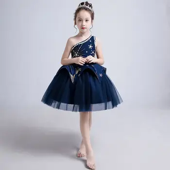 

Kids Girls Tulle Formal Wedding Gown Teens Girls Appliques Diamond Princess Dress Children Elegant One-Shoulder Vestidos Q192