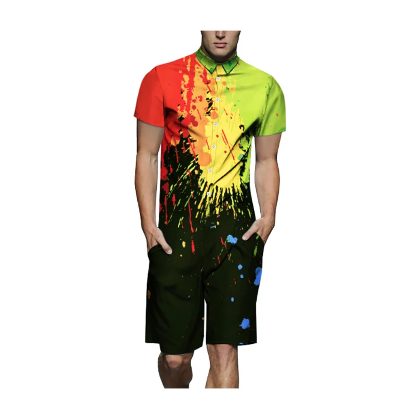 

2019 Stylish Splashing Print 3D Rompers Men Jumpsuit Playsuit Overalls Summer Casual Buttons Beach Men's Sets Black Pants