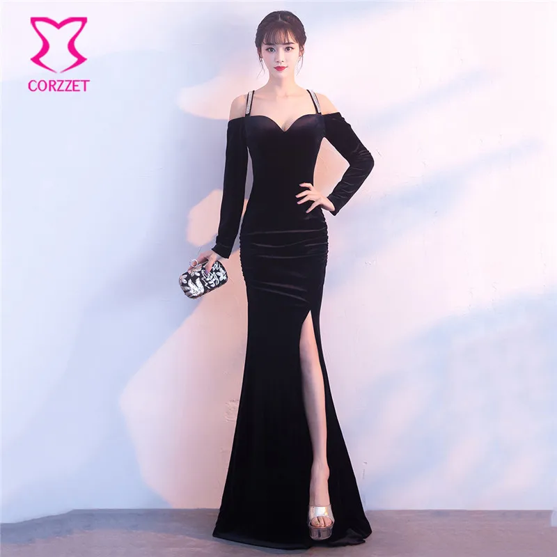 Black Velvet Deep V Neck Diamond Strap Backless Full Sleeve Side Split Mermaid Party Dress Women Banquet Nightclub Sexy Dresses | Женская