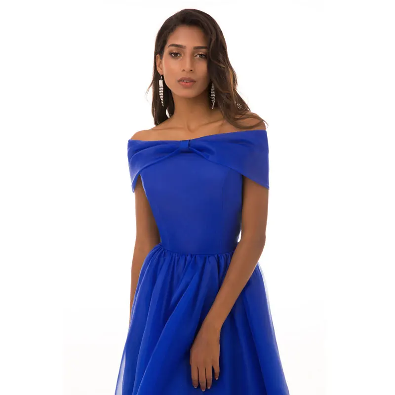 Новое поступление элегантные длинное платье для выпускного вечернее платье high-low вырезом лодочкой торжественное платье из органзы Простой синее платье