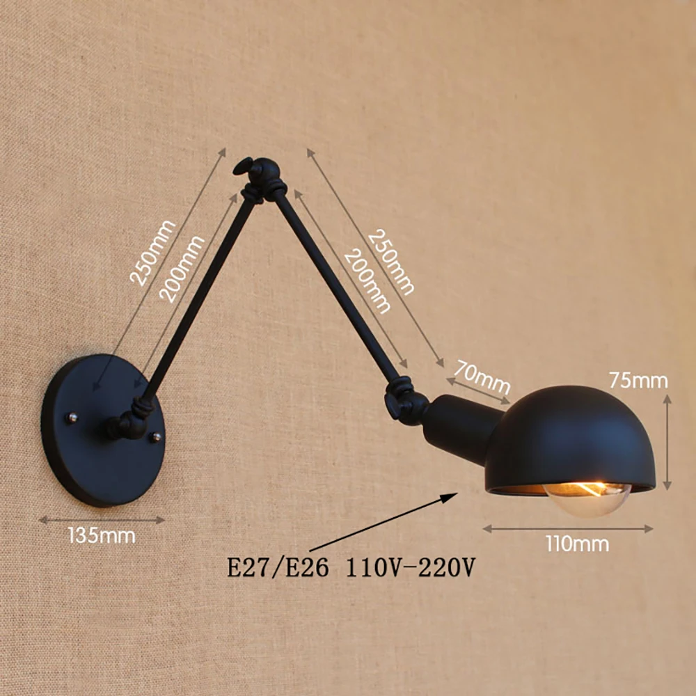 Промышленный Утюг классические черные Механический Поворотный кронштейн регулируемые настенные лампы e27 AC 110 v-220 v освещение для мастерской Лофт Спальня бар