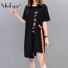 M-4XL размера плюс женская футболка платье Лето с буквенным принтом короткий рукав Лоскутная лента Свободные повседневные прямые короткие платья