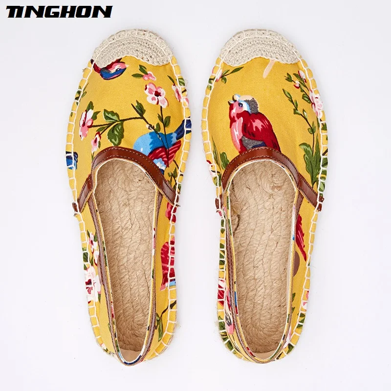 

TINGHON New Women Spring Ethnic Casual Espadrilles Flat Ladybugs pineapple Printed Embroider Slip on Fishermen Hemp Rope Shoes