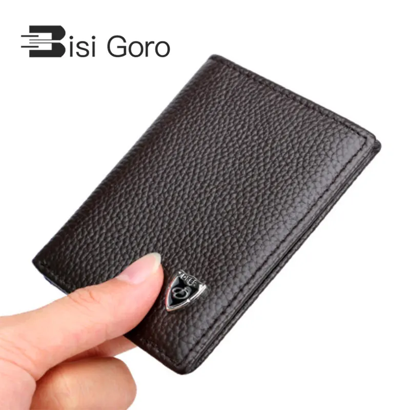 

BISI GORO Soft Genuine Leather Men Wallets Vertical Slim Black Coffee Colors 2 Fold Open Casual Photo Bit ID Credit Card Holder