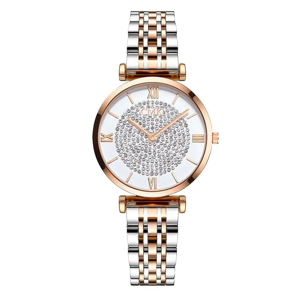 Роскошные женские часы со стразами, модные, серебряные, Круглые, циферблат, нержавеющая сталь, кварцевые наручные часы, Relogios Feminino