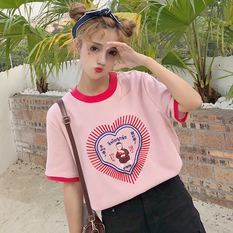 Коробова Harajuku вышивка футболка 2018 Лето Контрастность Цвет Футболка короткий