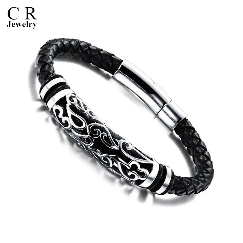 Mens Boys Black Leather Braided Wristband Bracelets Bangle Stainless