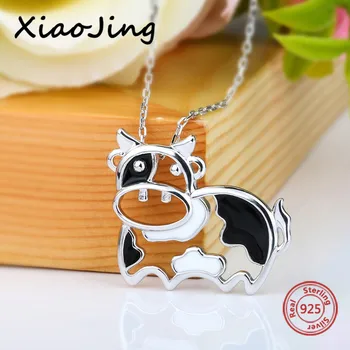 

Xiaojing 925 Sterling Silver Cow Animal Black Enamel Pendant Chain Necklace Fine Jewelry for Girls Factory Direct Free Shipping
