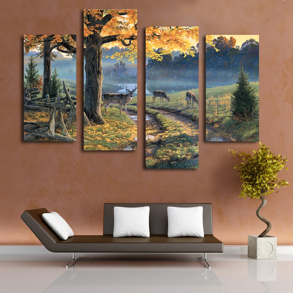 

4 Pcs Beautiful landscape prints deer around the river canvas art decorations for home