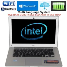 1920*1080P FHD 14.1″laptops windows7/10 PC Computer In-tel N3520 2.16GHZ Quad Core 4GB RAM+60GB SSD and 750GB HDD Slim Ultrabook