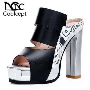 

CoolCept Sexy Women Real Genuine Leather High Heel Sandals Platform Flower Summer Vacation Beach Shoes Women Slipper Size 34-39
