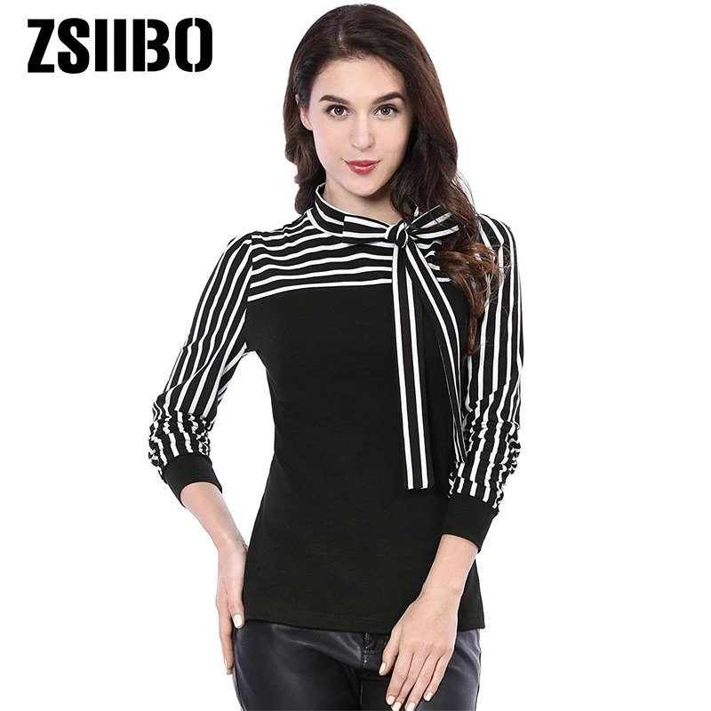 

2019 autumn Office Lady Blouse Women Long Sleeve Tie-Bow Neck Striped Shirt Tops Plus Size Female Clothing