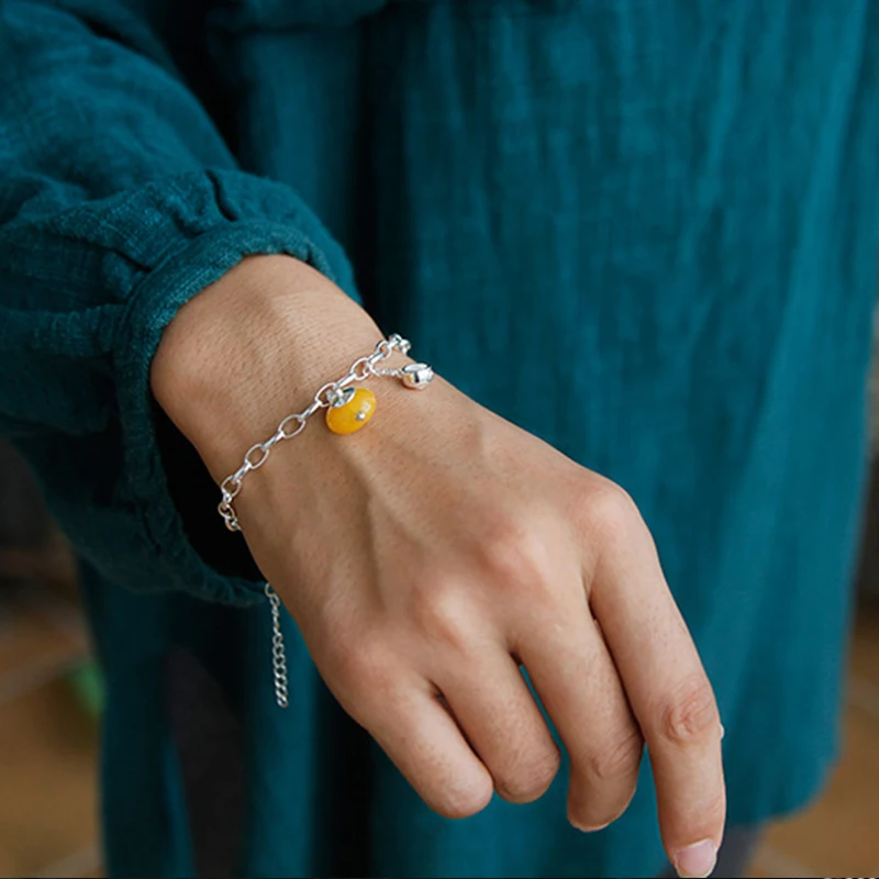 Lotus Fun Real 925 Sterling Silver Natural Amber Handmade Fine Jewelry Cute Teapot Jewelry Set with Dangle Earring Bracelet