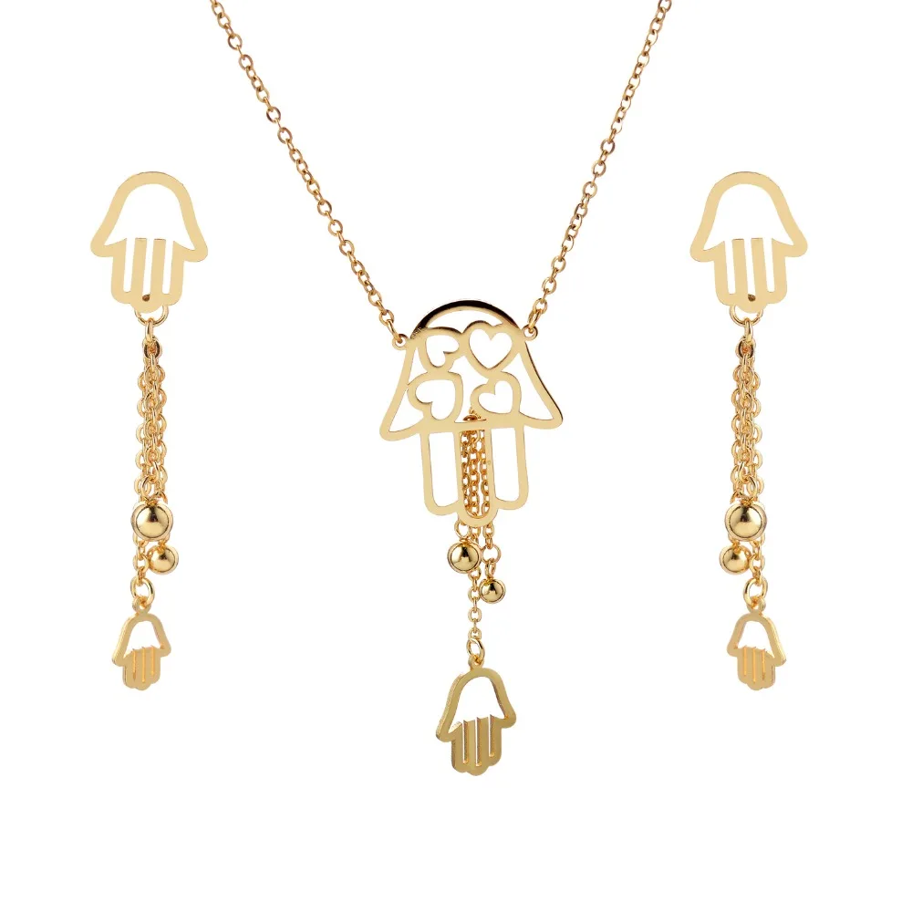 

New Arrival Stainless Steel Earrings Pendant Necklace Set Gold Color Women Hands Jewelry Set High Quality Free Chain
