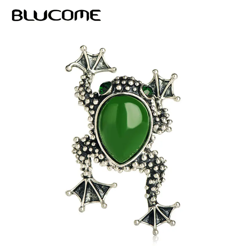 Blucome Vintage Green Frog Brooch For Women Kids Men Suit Hats Accessories Scarf Buckles Antique Silver Color Clips Jewelry Pins