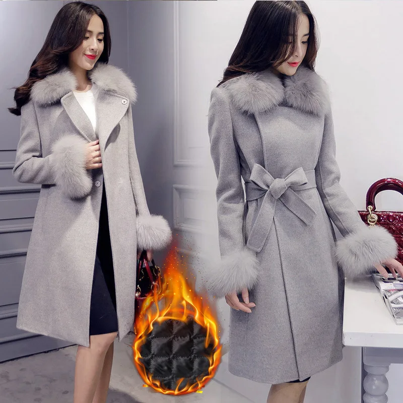 

SWYIVY Women's wool coat Fur autumn/winter elegant solid color coats Female Outerwear Woolen Warm Slim Belt Jacket Cashmere