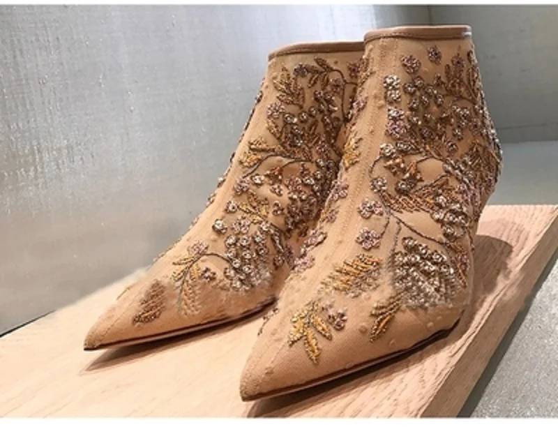 

Europe and the United States winter new mesh embroidered rhinestone pointed boot boots bare boots