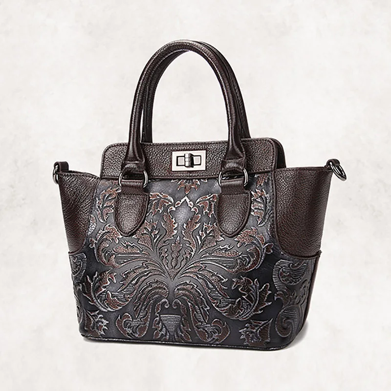 Высококачественная женская натуральная сумка из воловьей кожи, винтажная сумка с тиснением и верхней ручкой, дизайнерские сумки через плечо, роскошные сумки-мессенджеры - Цвет: Silver Coffee