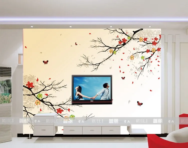 

New can be customized large big art wall stickers Mural butterfly 3d sitting room bedroom wallpaper tv flower chinese style