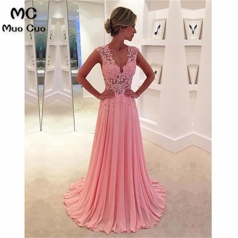 

2018 Blush Pink Evening Dresses Long Deep V-Neck Chiffon Floor Length Appliques See Though Formal Evening Party Dress for Women