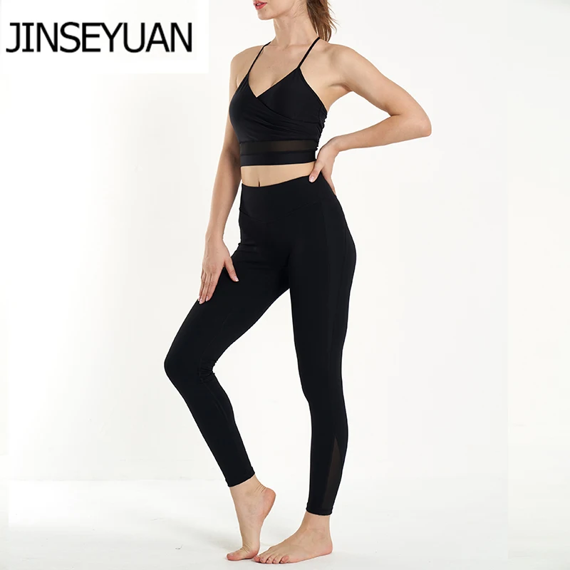 Seamless Leggings+Strappy Bra 2 Pieces Yoga Sets Women Gym Fitness Clothing High Waist Yoga Leggings Set Running Sportswear - Color: Black