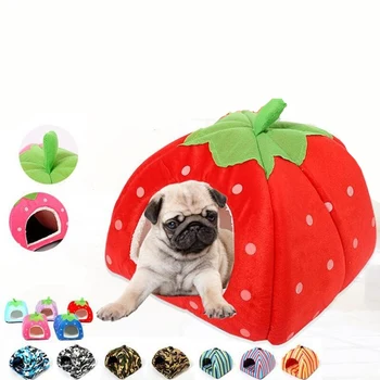 

Foldable Cat Dog Kennel Warm Dog Bed Cushion Strawberry Camouflage Stripes Sponge Pet House Dog Nest Bed Cave Pet Products