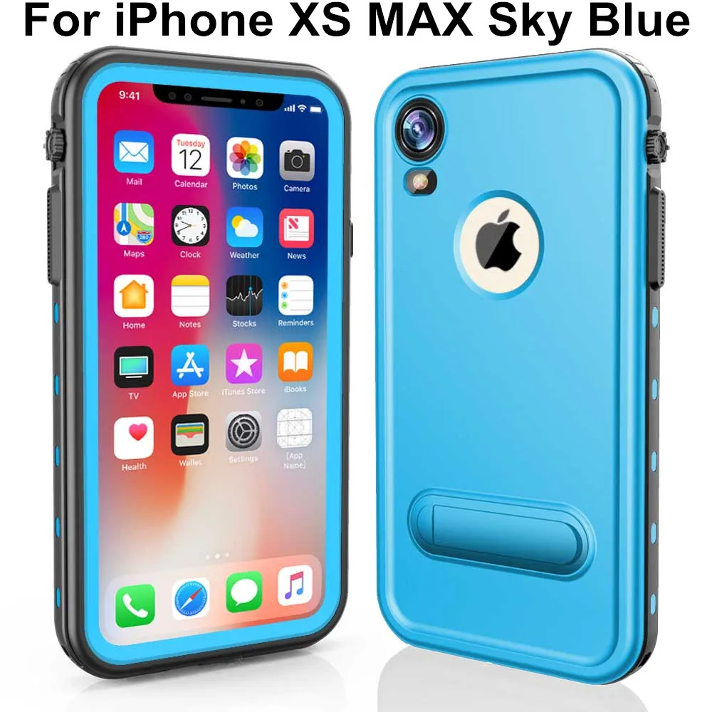 IP68 настоящий водонепроницаемый чехол для iPhone X XR XS Max Плавание Дайвинг водонепроницаемый ТПУ полный защитный чехол с держателем подставки - Цвет: For Xs Max Sky Blue
