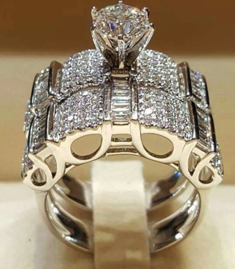 

Stone Wedding Ring Set White Crystal Pave Ring Glamour Silver Rings for Women Fashion Jewelry Bague Femme Anillos Mujer O5Q954