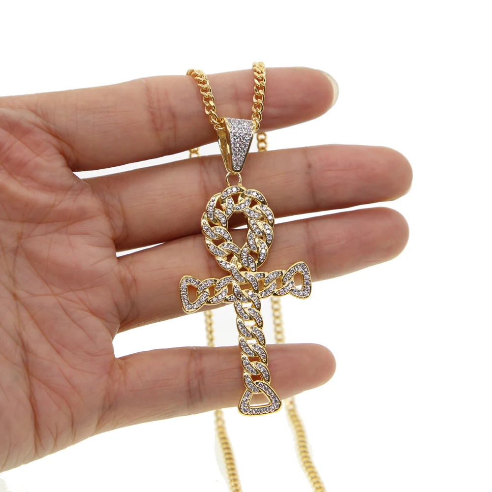 

24" cuban link chain Ankh Egyptian Religious Rock Cross pendant iced out cz Miami chain shaped cross hip hop necklace for men