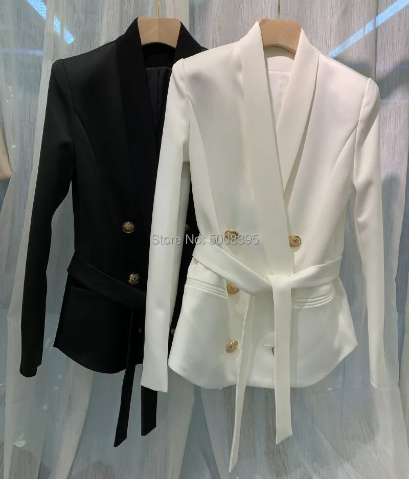 Золотистая пуговица блейзер с поясом двубортный с длинными рукавами женская одежда высшего качества 2019SS Новая мода белый черный