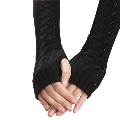 Amazig длинные перчатки женские вязаные перчатки без пальцев зимние перчатки сплошной цвет FunS29 - Цвет: Черный