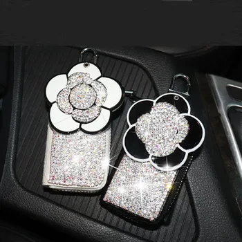 

Rhinestone Crystal Camellia Mirror Key Case Car Key Wallets Leather Universal Key Cover Holder Driver's license for Women Girls