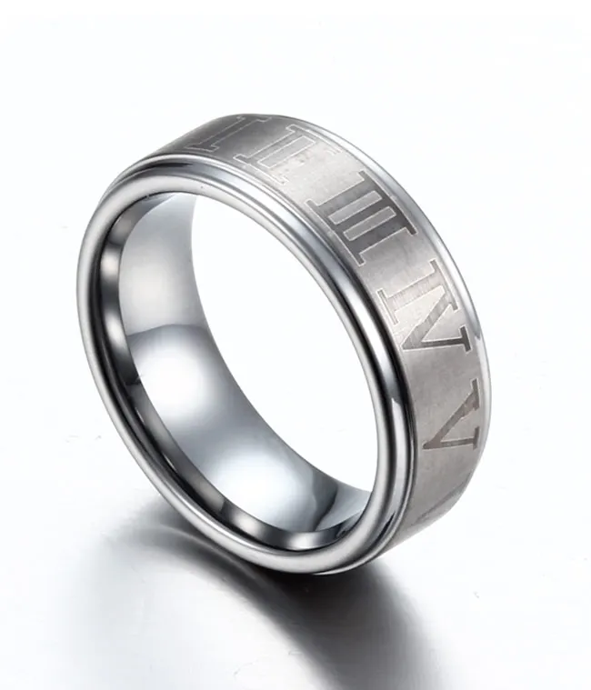 SHARDON Men's Edged Tungsten Wedding Band With Brushed Roman Numerals