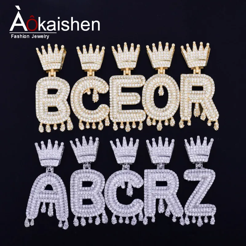 

Custom Crown Bail Drip Initials Bubble Letters Chain Necklaces & Pendant For Men Women Gold Color Cubic Zircon Hip Hop Jewelry