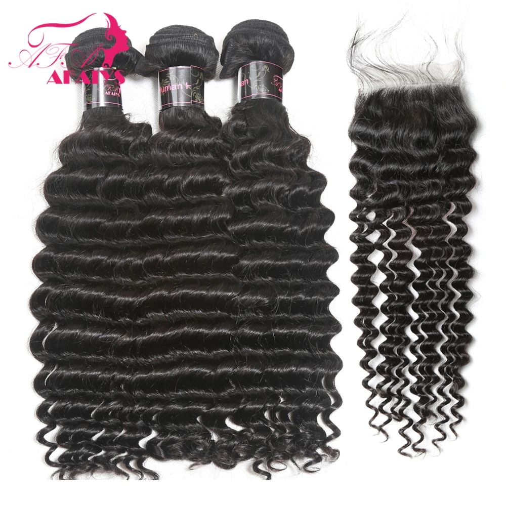 

AFAIYS Bundles Human Hair with Lace Closure Deep Wave Brazilian Remy Hair Lace Closure with Hair Bundles Natural Color