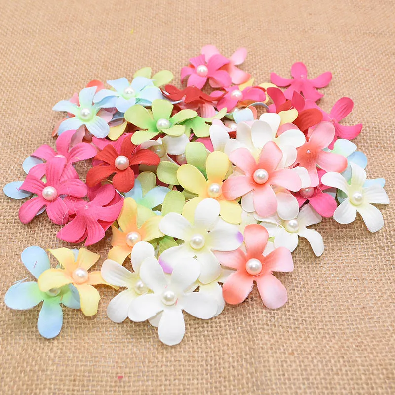 50pcs 4cm Pearl Bead Silk Flower 6 Petal Mini Flower Head for Wedding Decoration DIY Head Flower Bride Hair Dress Handmade Craft