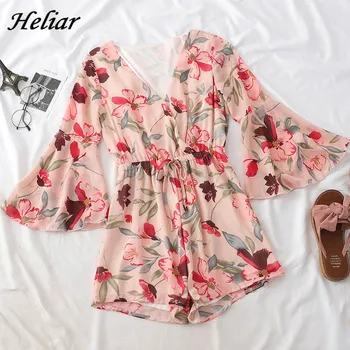 

HELIAR V-neck Floral Printed Rompers Women Drawstring Jumpsuits Elegant Rompers Elastic Waist Lady 2019 Summer Loose Playsuits