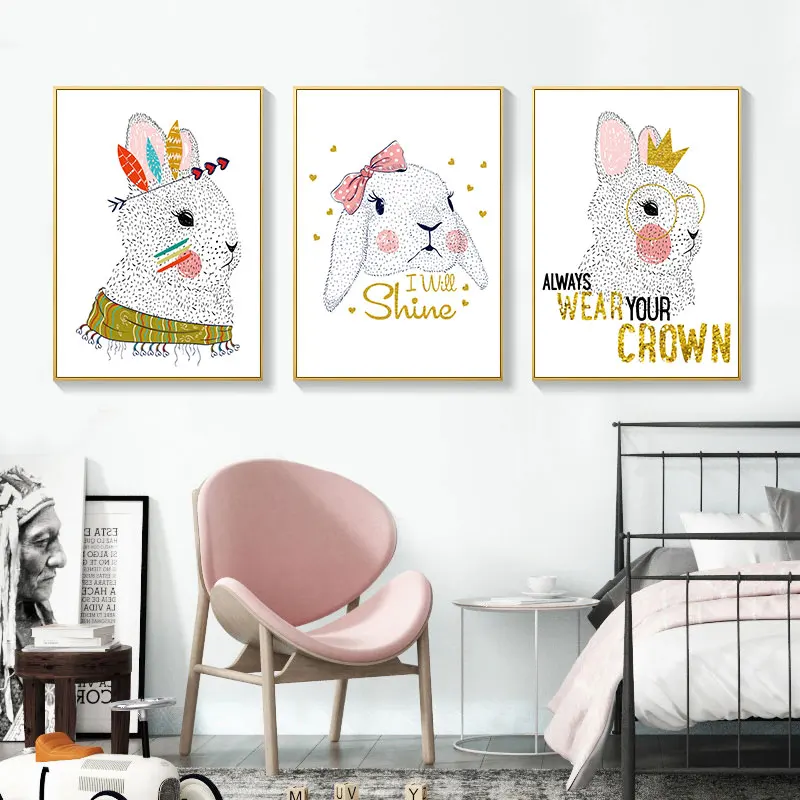 

Nursery Rabbit with Crown Wall Art Prints Canvas Painting Nordic Cartoon Posters Wall Pictures for Baby Kids Room Home Decor