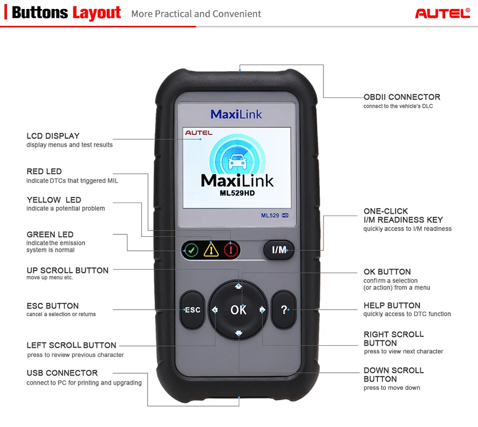 Autel MaxiLink ML529HD сканирующее устройство усовершенствованный режим 6 OBD2 авто код ридер Heavy Duty диагностический инструмент с использованием SAE-J1939 SAE-J1708