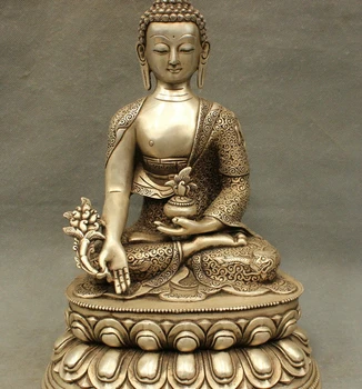 

14" Buddhism Tibet Silver Temple Dragon Shakyamuni Medicine Buddha Bowl Statue