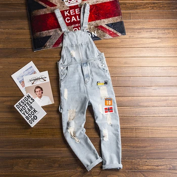 

Fashion Tooling Mens Jumpsuit Korean Handsome Broken Hole Denim Overalls Trend Casual Wild Suspenders Size S-2XL