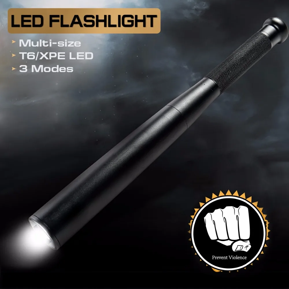 

T6 LED Tactical Baseball Bat Long Flashlight Torch Lamp 3 Modes Long Flashlight Self Defence Emergency Torch with AA Battery