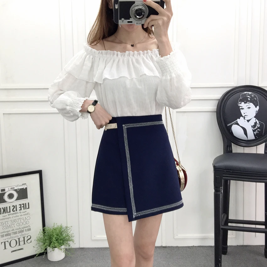 

2018 Spring student korean fashion chiffon slash neck white blouse top ruffles & a word skirt two-piece suit skirts girl outfit