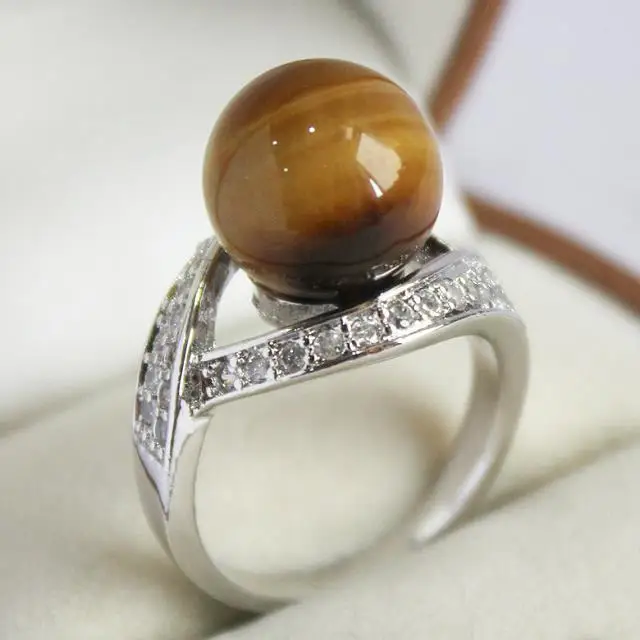 

elegant lady's silver plated with crystal decorated &12mm tiger eye jade ring(#7 8 9 10)